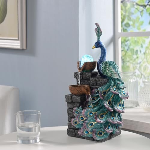 MAOCHI Tabletop Water Fountain Decor, Peacock with LED Glass Color Changing Globe,Relaxation Decorative Desktop Water Zen Fountain for Home/Office,Living Room Décor.13.78" Tall