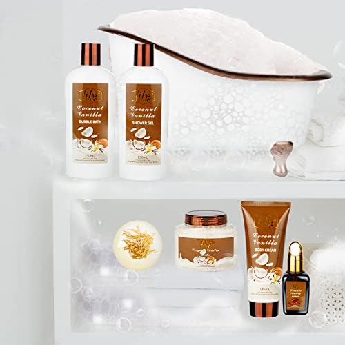 Coconut Vanilla Spa Gifts, 7Pcs Moisturizing Gift Set for Women & Men