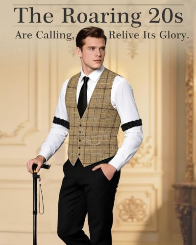 1920s Mens Costume, Roaring 20s Costumes for Men 1920s Mens Outfit with Walking Cane Vest Hat 1920 Mens Accessories