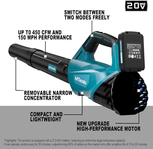 Leaf Blower, Leaf Blower Cordless with 2 * 2.6AH Batteries and Fast Charger, 450CFM &150MPH and 2 Speed Mode, Lightweight Electric Leaf Blowers for Lawn, Yard, Leaves, Dust Care