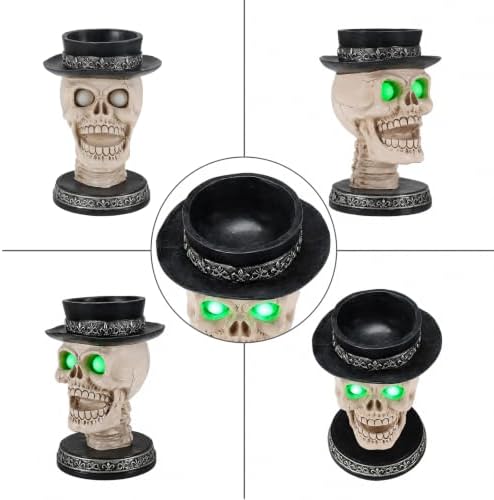 Halloween Candle Holder with Glowing Green Eyes - Gothic Skeleton Statue