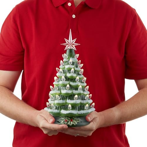 Casafield Hand Painted Ceramic Christmas Tree, Green Snow Flocked 12-Inch Pre-Lit Tree with 100 Multi Color Lights and 2 Star Toppers