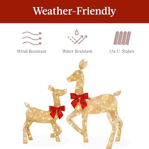 Best Choice Products 4ft 3-Piece 2D Lighted Christmas Deer Family Set, Large Outdoor Yard Reindeer Holiday Decoration with 175 LED Lights, Stakes, Zip Ties - Gold