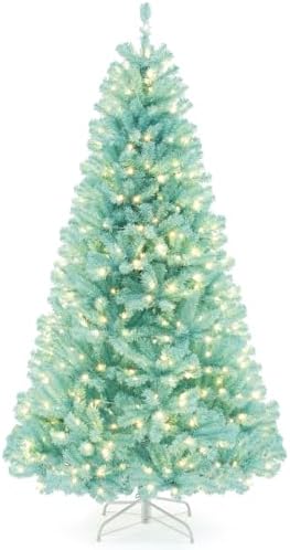 HAPPYGRILL 7 FT Pre-lit Artificial Christmas Tree Blue Hinged Xmas Tree with 1040 Branch Tips, 380 Warm White LED Lights & Folding Metal Stand, Pre-Lit Holiday Decoration Tree for Home Office