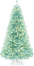 HAPPYGRILL 7 FT Pre-lit Artificial Christmas Tree Blue Hinged Xmas Tree with 1040 Branch Tips, 380 Warm White LED Lights & Folding Metal Stand, Pre-Lit Holiday Decoration Tree for Home Office