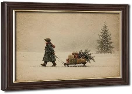 Vintage Child Sled Wrapped Boxes Evergreen Snow Christmas Canvas Wall Art
