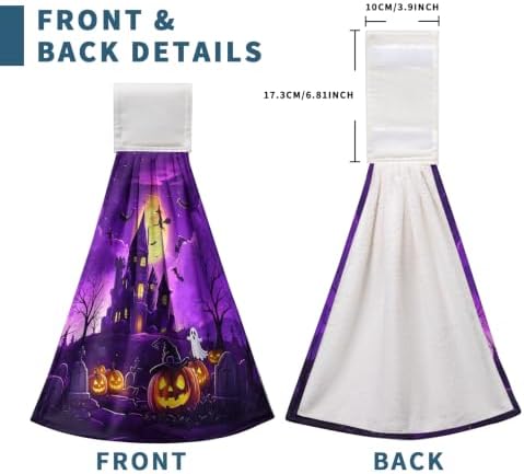 Halloween Haunted Castle Kitchen Hanging Towels Full Moon Pumpkin Ghost Witch Hand Tie Towel with Hanging Loops Dish Towels Washcloth Soft Absorbent for Bathroom Set of 2