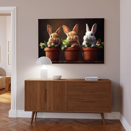 JDBeehpy Three Rabbits in Flowerpot Canvas Painting Prints Framed 16x24in