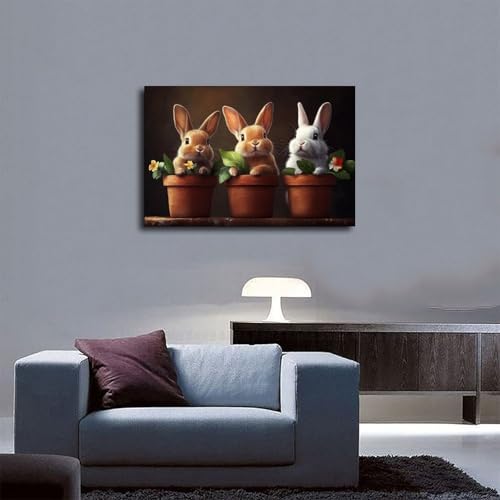 JDBeehpy Three Rabbits in Flowerpot Wall Art Painting Unframed 24x36inch