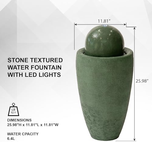 XBrand 25.98" Modern Sphere Water Fountain with LED Light – Indoor Outdoor Stone Texture Floor Fountain, Zen Bubbling Ball Water Feature for Garden Patio Porch
