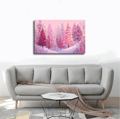 JDBeehpy Snowy Wall Art Pink Pine Forest Canvas Prints Framed 24x36inch