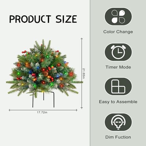 Christmas Tree Urn Filler, Battery Operated with Timer, Pre-lit Warm White & Multi-Color Changing LED Lights, Artificial Xmas Tree for Porch, Pathway, Yard, Outdoor Holiday Decoration (1, with Snow)