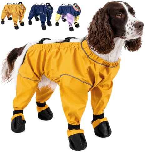 Waterproof Dog Boots Rain Boots with Suspender, Dogs Shoes Paw Protector for Small Medium Puppy, Anti-Slip Doggy Boot Belly Protector, Rain Booties Snow Pants Dog Suspender Booties Legging(L,Yellowd)