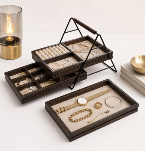 3 Tiered Wood Jewelry Organizer Tray- Walnut Finish Jewelry Storage Organizer for Rings, Watches, Bracelets, Earrings, Necklaces, and Accessories