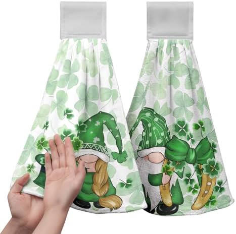 St Patricks Day Gnomes Hanging Kitchen Towels Set of 2 Spring Lucky Shamrocks Hand Towel with Hanging Loop Irish Green Dish Towel Soft Absorbent Bath Tie Towel for Bathroom Farmhouse