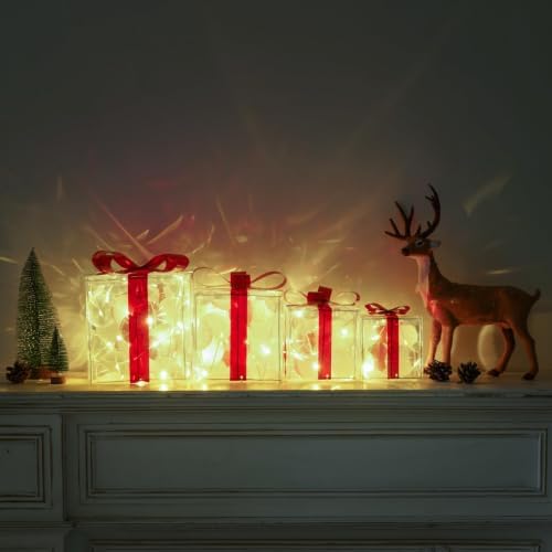 Set of 4 Christmas Lighted Gift Boxes, Red Bow Holiday Present Decorations