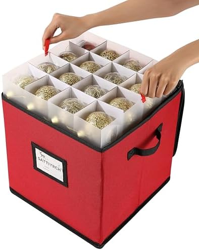 Sattiyrch Christmas Ornament Storage Box,4 Trays with Customizable Dividers,Canvas,Dust-Proof, Holds Up to 64 x 2.36 Ornaments, for Garage/Attic/Basement Storage