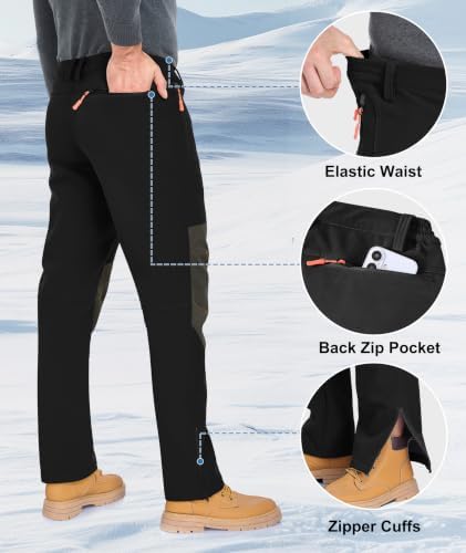 Mens Winter Snow Pants Waterproof Thermal Fleece Lined Hiking Pants with Zip Pockets