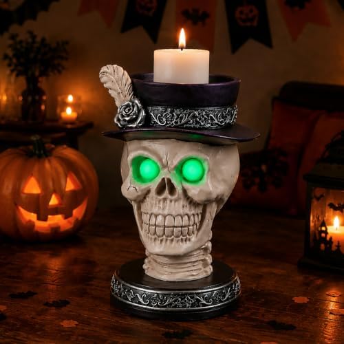 Halloween Skull Candle Holder with Glowing Eyes - Gothic Skeleton Statue
