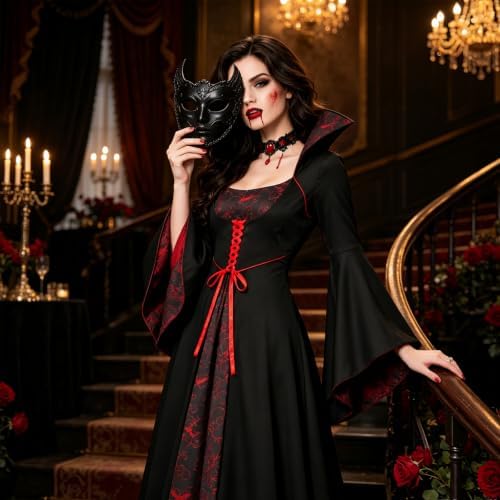 Vampire Costume Women Gothic Stand-Up Collar Vampiress Dress with Choker