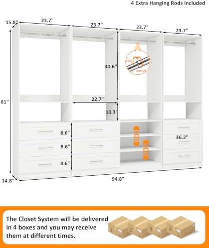 Closet System with 4 Sets, 8–21 FT Closet Organizer System with 9 Drawers, 7 Shelves & 8 Rods, Walk-In Modular Closet System, Custom Built-In Closet Kit, White