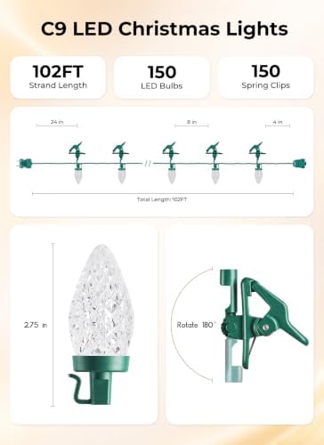 Brightown Christmas Lights Outdoor, 102FT 150LED C9 String Light with Clips