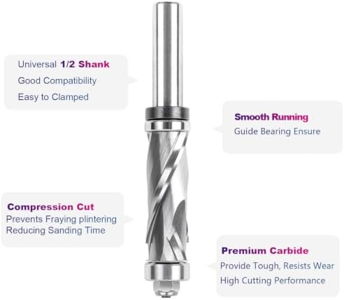 SpeTool Compression Flush Trim Router Bit 1/2 Shank 3/4 Cutting Diameter, Top & Bottom Bearing Extra Long Carbide Pattrern Flush Cut Router Bit for Woodworking Trimming