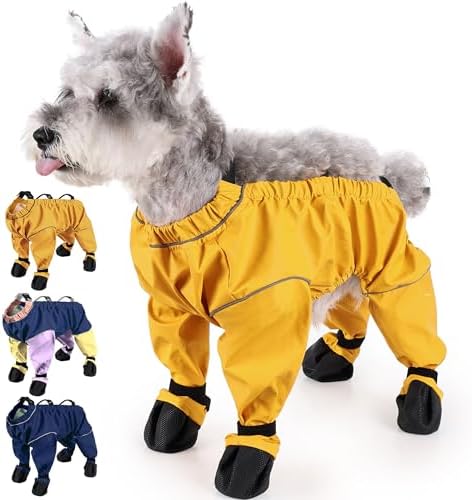 Waterproof Dog Boots Rain Boots with Suspender, Dogs Shoes Paw Protector for Small Medium Puppy, Anti-Slip Doggy Boot Belly Protector, Rain Booties Snow Pants Dogs Suspender Booties Leggings(M,yellow)