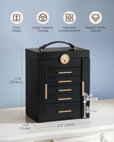 Lolalet Large Jewelry Box, 6-Layer Jewelry Organizer with 5 Drawers -Black