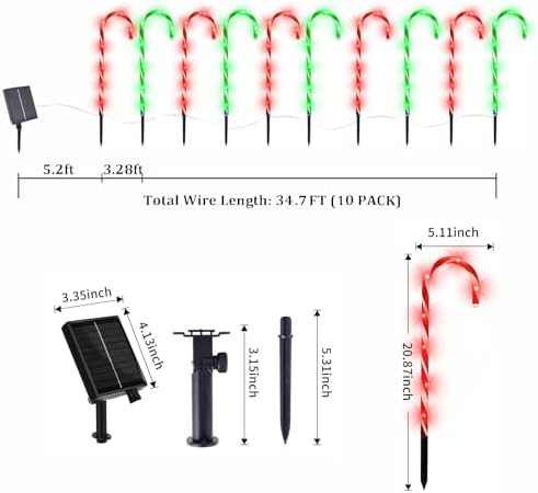 10 Pack Solar Candy Cane Lights, 21 Inch Red and Green Christmas Yard Decor