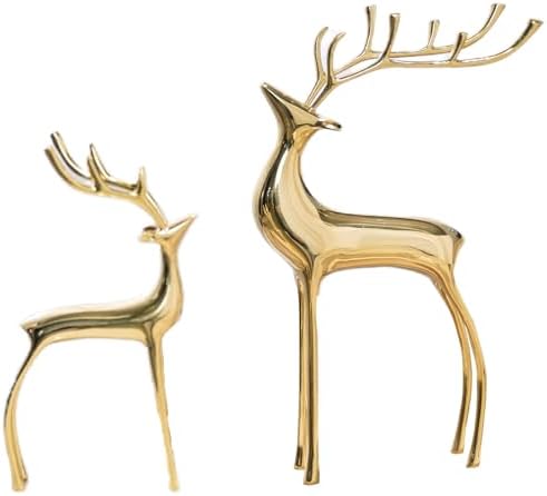 Reindeer Figurine Statues Deluxe Set of 2, Christmas Deer Pure Copper Heavy Reindeer Ornaments for Home Decor Accents Living Room Office Bookself Tabletop Mantle Christmas Decoration, Gold