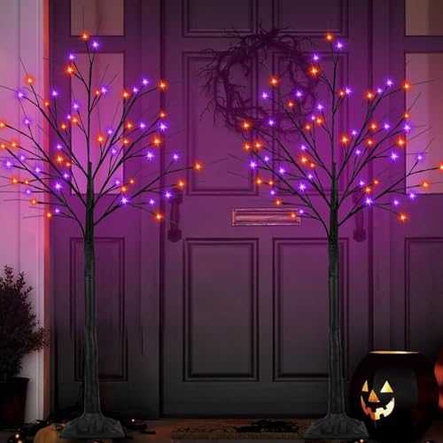 2 Pack 5FT Black Halloween Tree with 200 LED Orange and Purple Lights