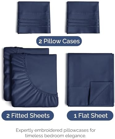Split King Size 5 Piece Sheet Set - Breathable & Cooling Sheets - Navy Blue