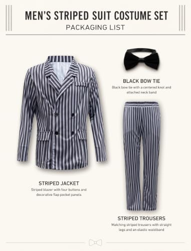 Men's 1920s Gangster Costume 3-Piece Set, Black White Striped Zoot Suit Gothic Family Halloween Cosplay M-XXL