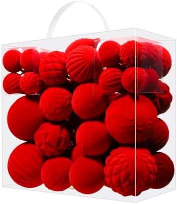 52pcs Velvet Christmas Ball Ornaments, Red Flocked Shatterproof Christmas Tree Decorations Hanging Xmas Decorative Ornaments Set for Home Party Holiday Decor(Red)