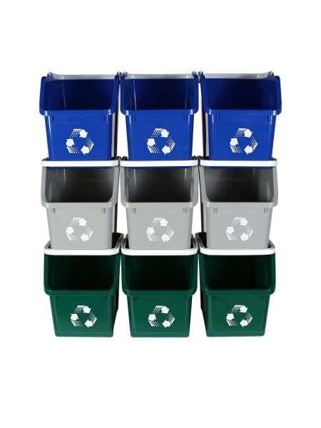 Multi Bin Recycling System with Three Stackable 6 Gallon Recycle Bins for Kitchen Use – Recycling Trash Can Set for Office, Garage, Businesses (9 Pack Blue/Grey/Green)