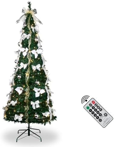 GameXcel 6.5FT Pop Up Christmas Tree with Lights and Decorations & Remote & Timer, Prelit Fully Decorated Pull Up Artificial Christmas Tree with Xmas Ball Ornaments Bows Ribbons for Xmas Party Decor