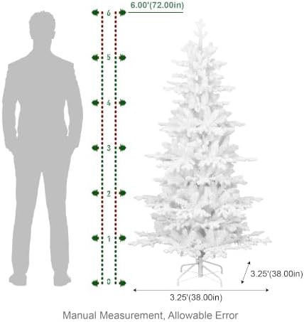 Glitzhome 6ft Prelit Artificial Christmas Tree, Slim White Frostfall Fir Xmas Tree with 260 Warm White & Multi-Color Lights, 1,056 PE&PVC Tips, Flocked Christmas Tree for Indoor Holiday Spaces