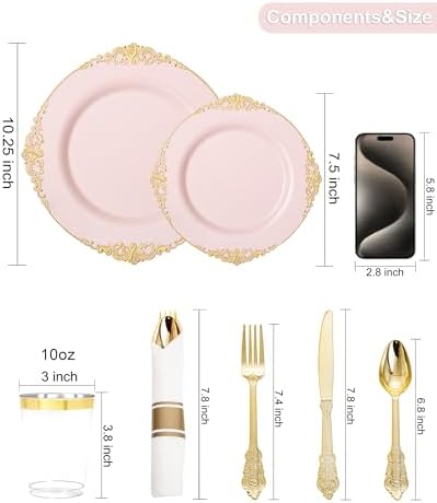 Nervure 700Pcs Pink Plastic Plates, Plastic Dinnerware Set for 100 Guests