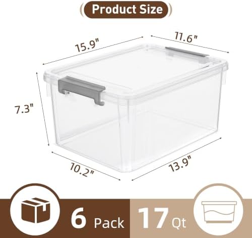CITYLIFE 6 Packs 17 QT Plastic Storage Bins with Lids Large Stackable Storage Containers for Organizing Clear Storage Box for Garage, Closet, Classroom, Kitchen