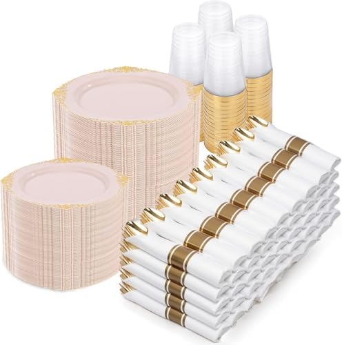 Nervure 700Pcs Pink Plastic Plates, Plastic Dinnerware Set for 100 Guests