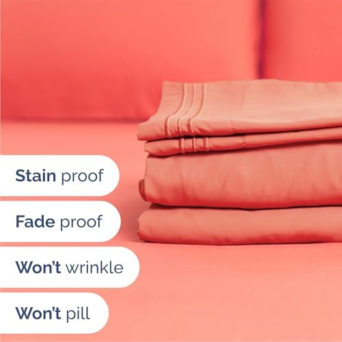 Queen Size 4 Piece Sheet Set - Comfy Breathable & Cooling Sheets - Coral