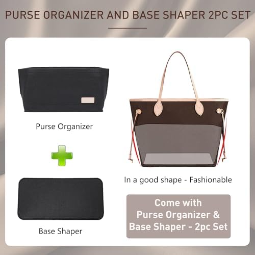 Doxo Purse Organizer Insert for Handbags & Base Shaper 2pc Set, Felt Neverfull MM Organizer Insert, Tote Bag Organizer with Zipper Pocket and Bottle Holder, Fit Speedy 30 Neverfull MM and More,Black-L
