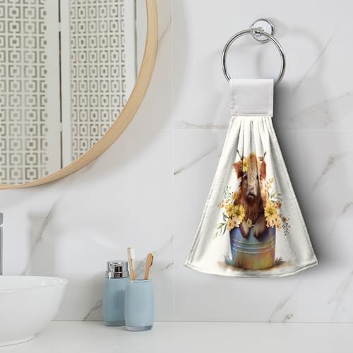 Cute Cow Hanging Kitchen Towels Set of 2 Farm Highland Cattle Daisy Hand Towel with Hanging Loop Rustic Farmhouse Tie Tea Dish Towel Soft Absorbent Fingertip Bath Towel for Bathroom
