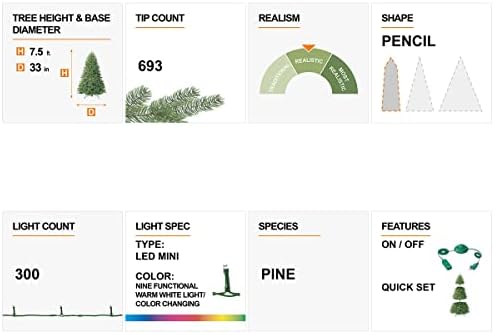 Glitzhome 7.5ft Prelit Christmas Tree, Flocked Artificial Christmas Tree, Pencil Christmas Tree Portland Snowy Pine with 300 Warm White/Multi-Color Lights, 9 Functional, Remote Controller