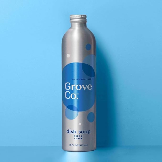 Grove Co. Ultimate Dish Soap Refill Bundle, Free & Clear Unscented, 3-Pack of 16 oz Aluminum Bottles with Reusable Glass Soap Dispenser, Plant-Based Grease-Cutting Formula