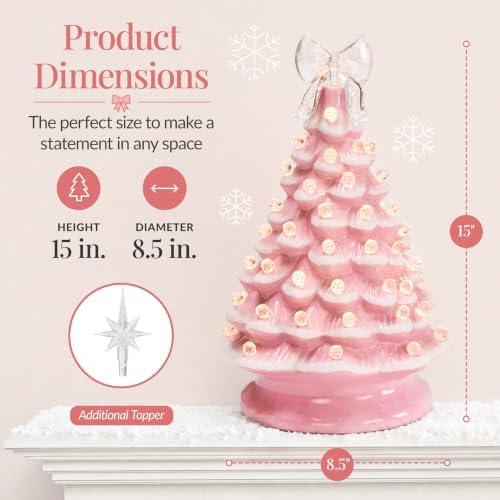 Best Choice Products 15in Ceramic Christmas Tree, Pre-lit Hand-Painted Tabletop Pinkmas Holiday Tree, Star Topper, 64 Lights - Pink w/White Bulbs