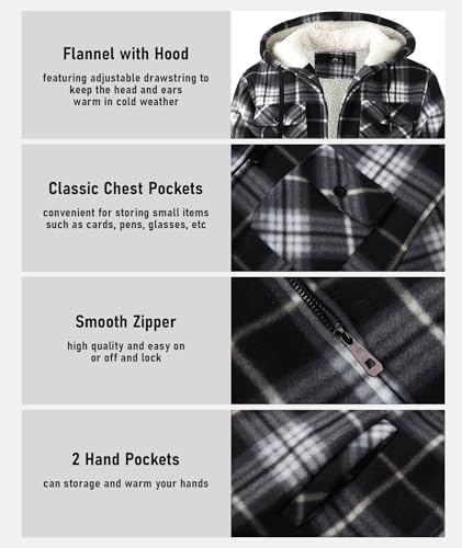 GEEK LIGHTING Men's Flannel Shirts Jacket Sherpa Lined Plaid Zipper Hoodie