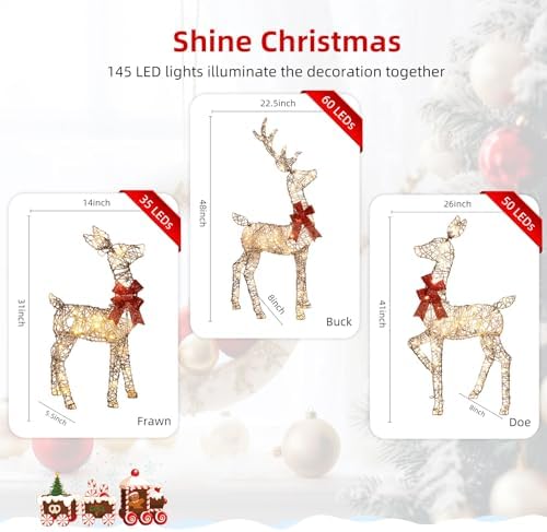 HOYECHI 4ft Christmas Decorations Outdoor Lighted Reindeer – 3-Piece 2D Deer Family Set with 145 Warm White LED Lights for Yard, Lawn, Garden & Porch Holiday Display - Rattan