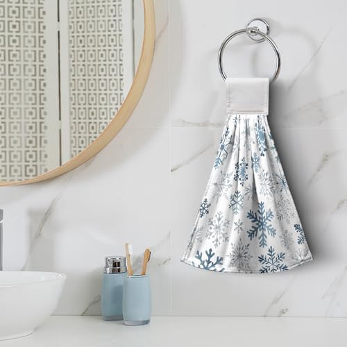 2 Pcs Blue Snowflake Winter Hanging Kitchen Towels Christmas Hand Towels with Hanging Loop Xmas Holiday Kitchen Tie Towel Dish Cloth Soft Absorbent Fingertip Bath Towel for Bathroom